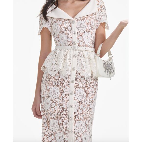 Self Portrait Cream Lace Peplum Midi Dress Wedding Bridal Cocktail US 2 NWT - Picture 4 of 16